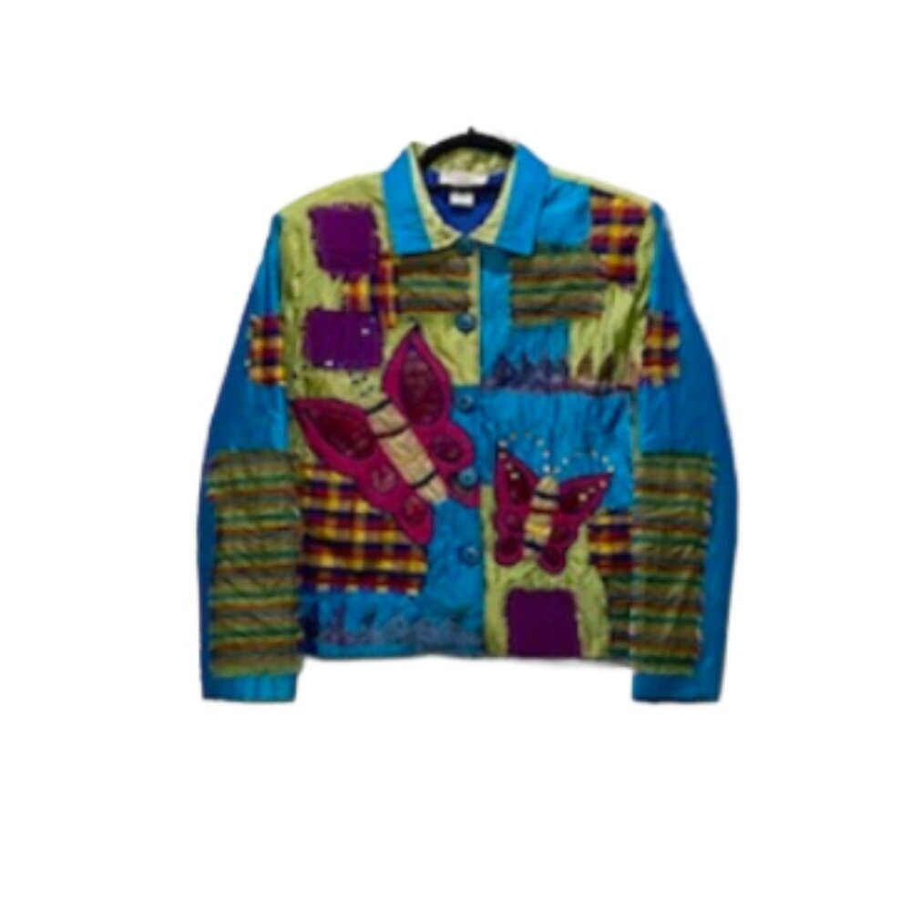 VTG Womens Button Down Jacket Silk Size L Patchwork Butterfly Art To Wear Artsy